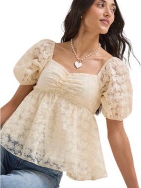 Altar’d State Cream Lace Puff-Sleeve Peplum Top